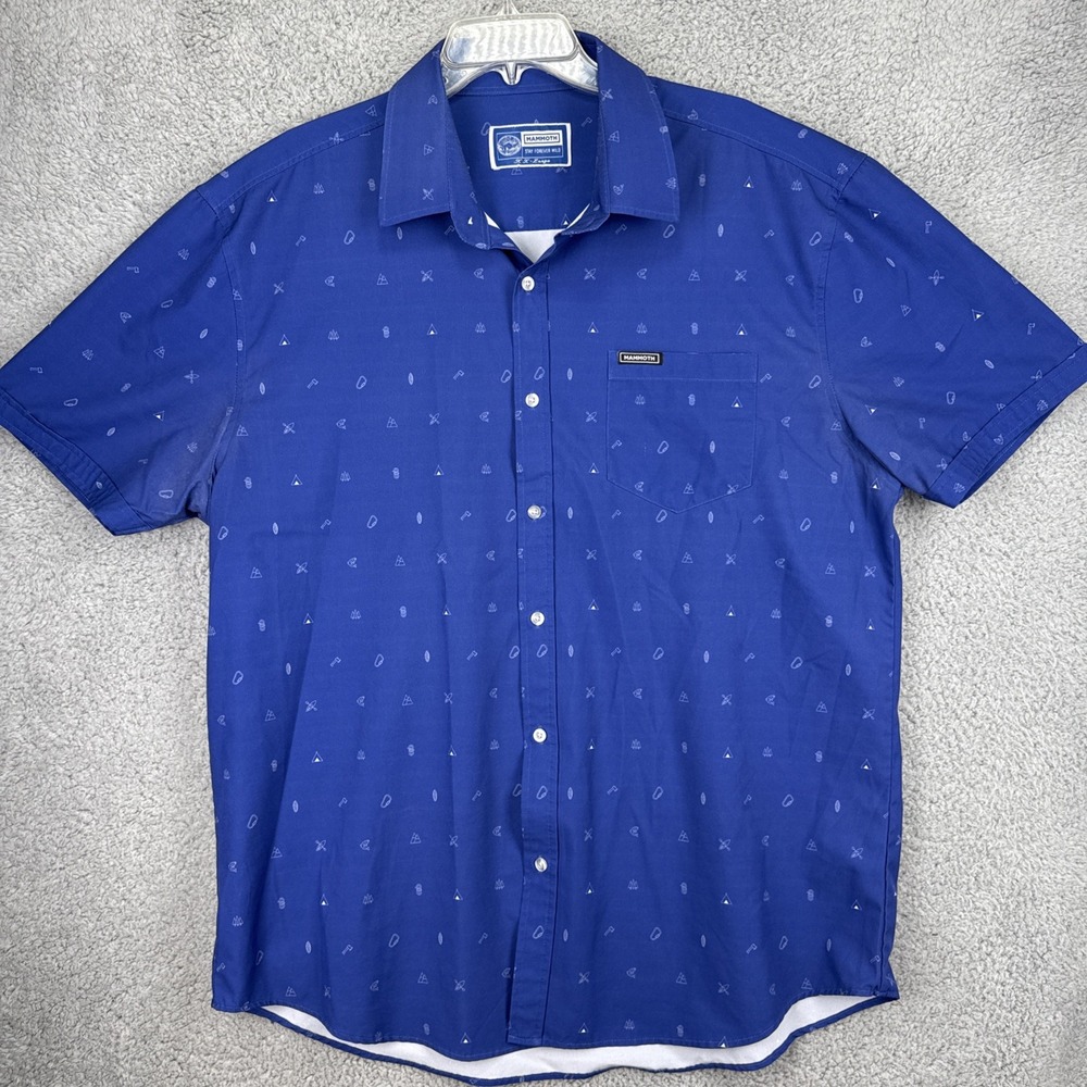 Mammoth Button Up Mens XXL Blue Camping Pattern Short Sleeve Outdoor Shirt
